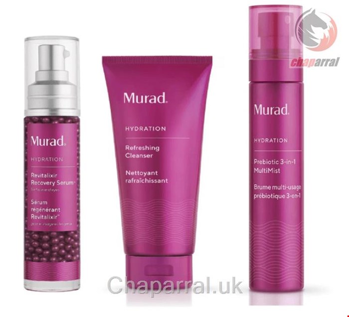 ست سرم احیا کننده شستشو دهنده رطوبت رسان آبرسان مورد آمریکا Murad - Hydration Revitalixir Recovery Serum 40 ml- Murad - Hydration Refreshing Cleanser 200 ml- Murad - Prebiotic 3-in-1 MultiMist 100 ml