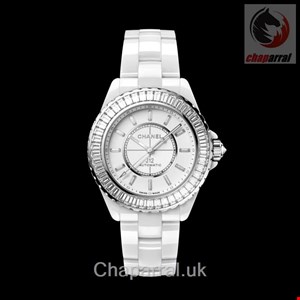 ساعت مچی زنانه مردانه سرامیکی الماس نشان شنل فرانسه CHANEL J12 BAGUETTE DIAMANTLÜNETTE UHR KALIBER 12.1, 38 MM H7431
