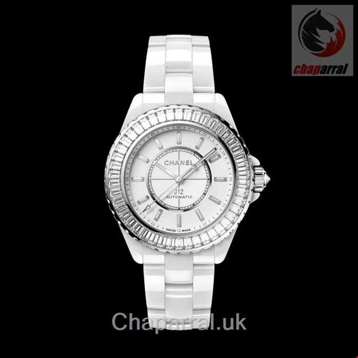 ساعت مچی زنانه مردانه سرامیکی الماس نشان شنل فرانسه CHANEL J12 BAGUETTE DIAMANTLÜNETTE UHR KALIBER 12.1, 38 MM H7431