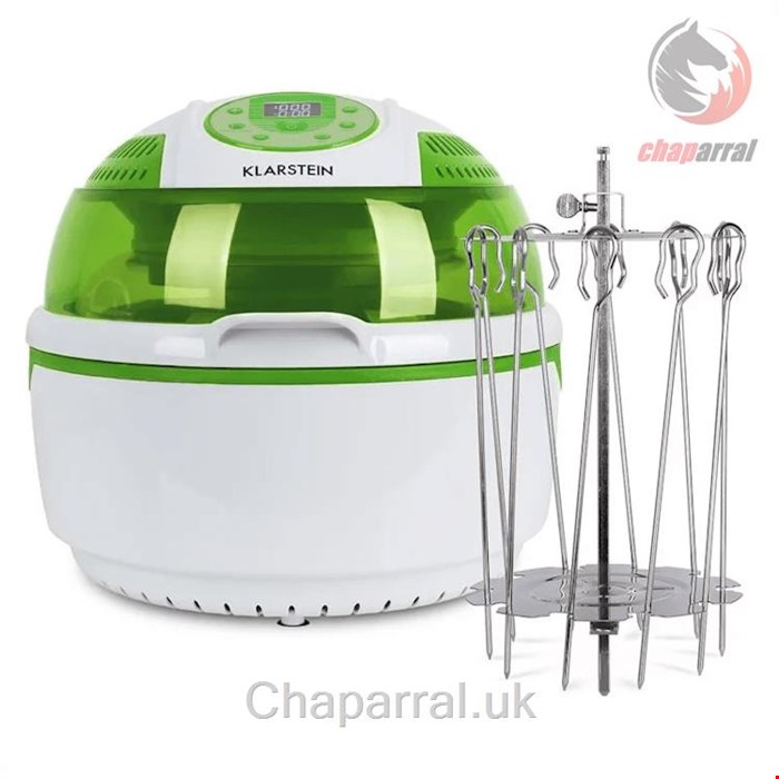 سرخ کن هوای گرم جوجه گردان دار 9 لیتری کلارشتاین آلمان Klarstein VitAir Set Heißluftfritteuse Drehspießrotator Zubehör 1400 watt 9  Grün