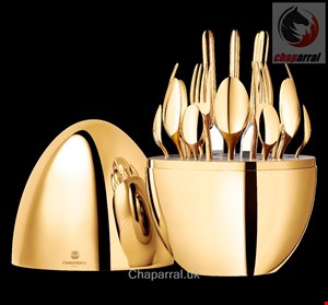سرویس قاشق چنگال رو کش طلا 24 قطعه با قاب تخم مرغی کریستوفل فرانسه Christofle 24-Piece Flatware Set for 6 People in 24-carat Gold Gilded Metal Chest