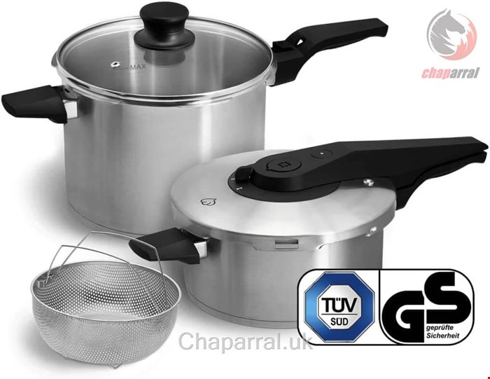 ست زودپز و بخار پز اسپرینگلن آلمان Springlane Edelstahl Schnellkochtopf 2er-Set inkl. Dampfgarer und Glasdeckel