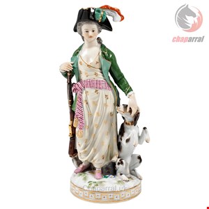 مجسمه دست ساز دکوری چینی آنتیک قدیمی Meissen Rococo Figure Huntress with Dog by J C Schoenheit  Around 1880