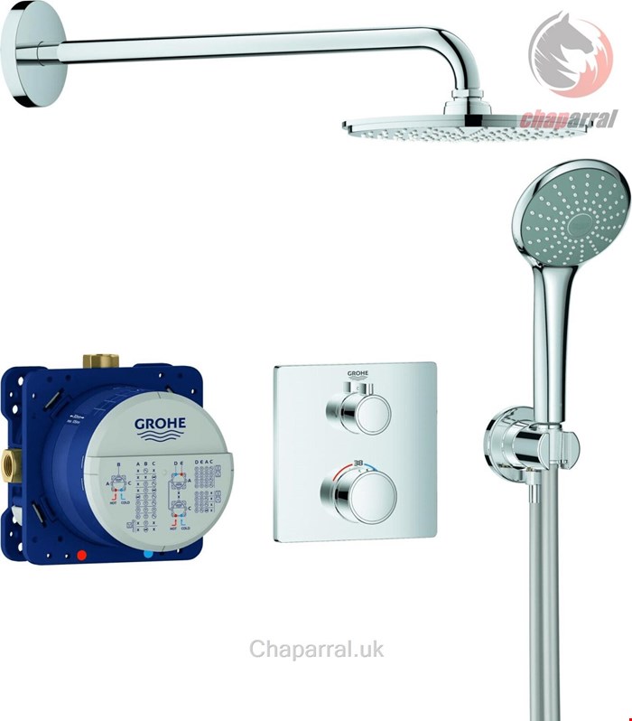 ست شیرآلات دوش حمام توکار گروهه آلمان GROHE Grohtherm mit Rainshower Cosmopolitan 210 Design eckig Chrom 34734000